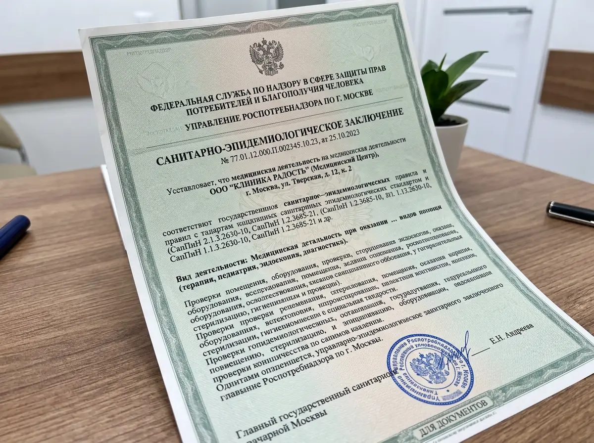 Санитарно-эпидемиологическое заключение Роспотребнадзора для медицинской клиники, официальный бланк с печатью, зелёный фон, документ соответствия нормам СанПиН