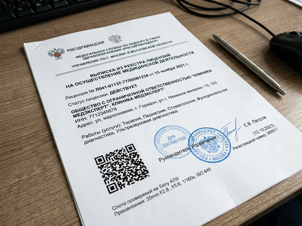Выписка из реестра лицензий Росздравнадзора, официальный документ с QR-кодом проверки, подтверждение действующего статуса лицензии медицинской организации