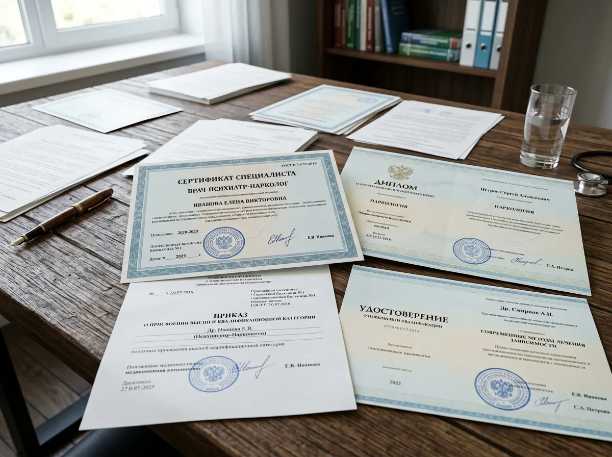 Сертификаты специалистов врачей-наркологов, дипломы о повышении квалификации, документы подтверждающие категорию врача, официальные бланки с печатями